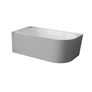 Freistehende Badewanne Ecke links Balneo AVOLA NO RIM 150 x 75 cm weiß/grau Acryl mit Rahmen aus Edelstahl und 6 Stabilisierungsfüßen, mit Überlauf und weißem Stopfen