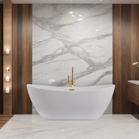 Freistehende Balneo PARMA Badewanne 170 x 72 cm weiß, Acryl, mit Edelstahlrahmen und 6 Stabilisierungsfüßen, mit Überlauf und Stopfen in Copper