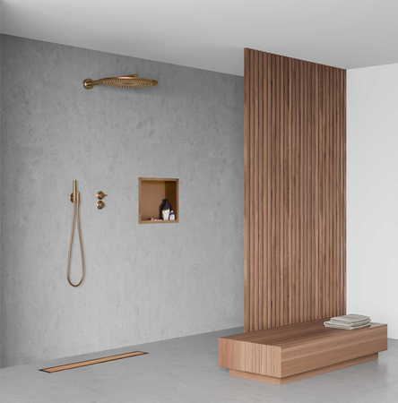 Balneo Duplex Next Copper Bodenablauf 60 cm kupferfarben, beidseitig aus gebürstetem Edelstahl mit niedrigem Siphon und tiefem Schlammfang