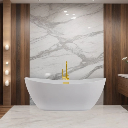 Freistehende Balneo PARMA Badewanne 170 x 72 cm weiß, Acryl, mit Edelstahlrahmen und 6 Stabilisierungsfüßen, mit Überlauf und Stopfen in Mirror Gold