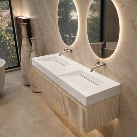 Waschbecken Seravia Solid Surface, Coco White, mit doppeltem linearem Ablauf, 120 cm