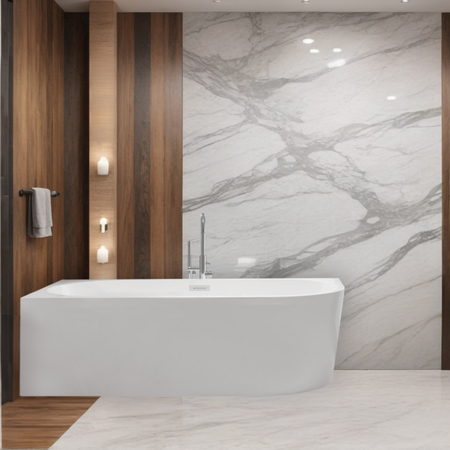 Freistehende linke Eckbadewanne Balneo AVOLA 150 x 75 cm weiß, Acryl, mit Edelstahlrahmen und 6 Stabilisierungsfüßen, mit Überlauf und Stopfen in Chrome