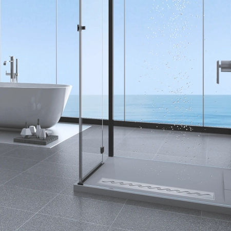 Balneo Decor Next Wave Bodenablauf 80 cm mit Dekorpanel aus gebürstetem Edelstahl mit niedrigem Siphon und tiefem Schlammfang