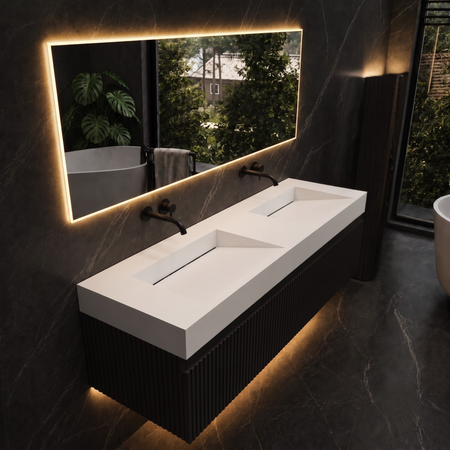 Waschbecken Seravia Solid Surface, Coco White, mit doppeltem linearem Ablauf, 140 cm