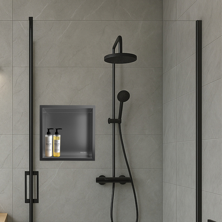 Balneo Wall Box One Gun Metal 30 x 30 x 7 cm aus gebürstetem Edelstahl Einlegeboden mit Flansch