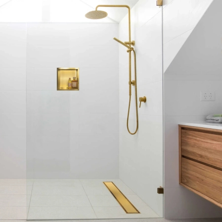 Balneo Duplex Next Gold Bodenablauf 90 cm goldfarben, beidseitig aus gebürstetem Edelstahl mit niedrigem Siphon und tiefem Schlammfang