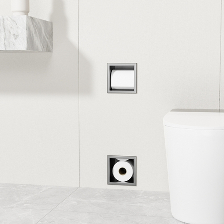 Balneo Wall Box Papierhalter 2 Gun Metal mit Ablage in der Wand in Edelstahl eingebaut