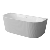 Freistehende Badewanne wandmontiert Balneo VIVA fluted 150 x 75 cm weiß/grau Acryl mit Rahmen aus Edelstahl und 6 Stabilisierungsfüßen, mit Überlauf und weißem Stopfen