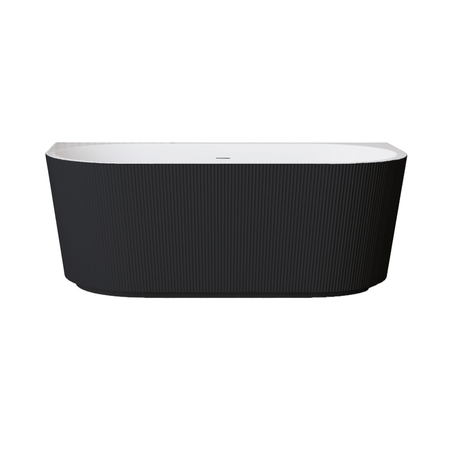 Freistehende Badewanne wandmontiert Balneo VIVA fluted 170 x 80 cm weiß/schwarz Acryl mit Rahmen aus Edelstahl und 6 Stabilisierungsfüßen, mit Überlauf und weißem Stopfen