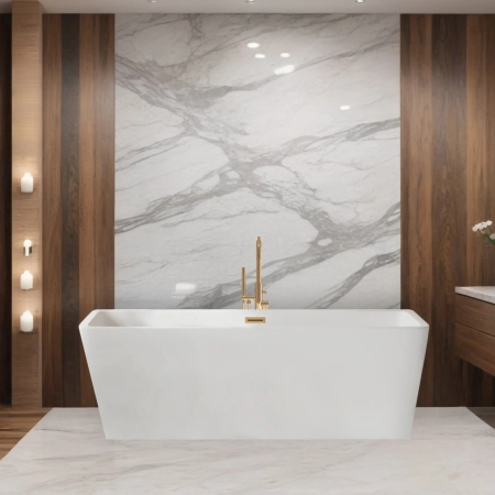 Freistehende Balneo ROMA Badewanne 170 x 80 cm weiß, Acryl, mit Edelstahlrahmen und 6 Stabilisierungsfüßen, mit Überlauf und Stopfen in Copper