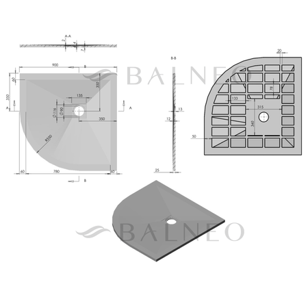 Verbundduschwanne Balneo Stone Tray 90 x 90 x 2,5 cm weiß flach halbrund