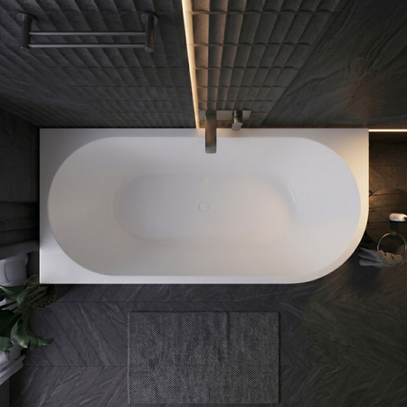 Freistehende Badewanne Ecke links Balneo AVOLA NO RIM 170 x 80 cm weiß/grau Acryl mit Rahmen aus Edelstahl und 6 Stabilisierungsfüßen, mit Überlauf und weißem Stopfen