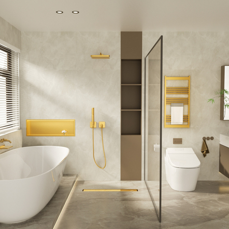 Balneo Duplex Next Mirror Gold Linienablauf für den Boden 70 cm golden doppelseitig aus Edelstahl mit niedrigem Siphon und tiefem Schmutzfänger