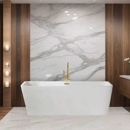 Freistehende Balneo ROMA Badewanne 170 x 80 cm weiß, Acryl, mit Edelstahlrahmen und 6 Stabilisierungsfüßen, mit Überlauf und Stopfen in Gold