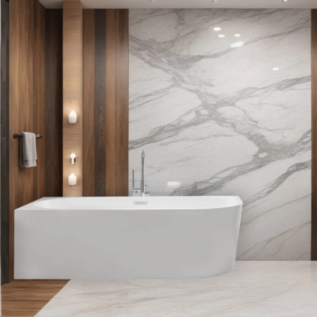 Freistehende linke Eckbadewanne Balneo AVOLA 160 x 80 cm weiß, Acryl, mit Edelstahlrahmen und 6 Stabilisierungsfüßen, mit Überlauf und Stopfen in Chrome