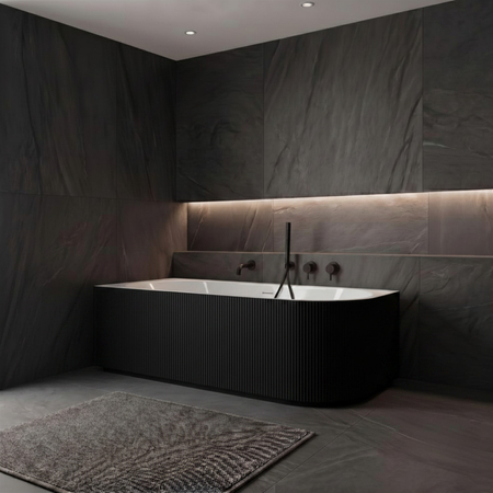 Freistehende Badewanne Ecke links Balneo AVOLA fluted NO RIM 150 x 75 cm weiß/schwarz Acryl mit Rahmen aus Edelstahl und 6 Stabilisierungsfüßen, mit Überlauf und weißem Stopfen