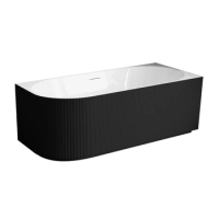 Freistehende Badewanne Ecke rechts Balneo AVOLA fluted NO RIM 150 x 75 cm weiß/schwarz Acryl mit Rahmen aus Edelstahl und 6 Stabilisierungsfüßen, mit Überlauf und weißem Stopfen